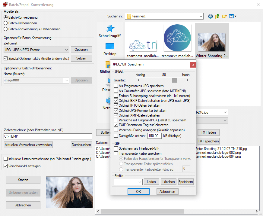 Screenshot IrfanView Batch/Stack Conversion - Reduce Images by Compression