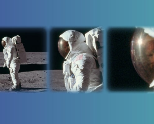 Header-Grafik: Einstellungsgrößen und Kameraperspektiven - Astronaut Buzz Aldrin mit US-Flagge auf Mond, verschiedene Ausschnitte