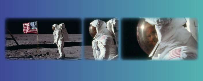 Header-Grafik: Einstellungsgrößen und Kameraperspektiven - Astronaut Buzz Aldrin mit US-Flagge auf Mond, verschiedene Ausschnitte