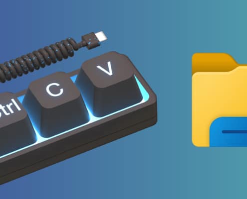 Headergrafik: Symbolbild Shortcuts für Windows-Explorer mit Explorer-Icon und Minitastatur für Strg+C und Strg+V
